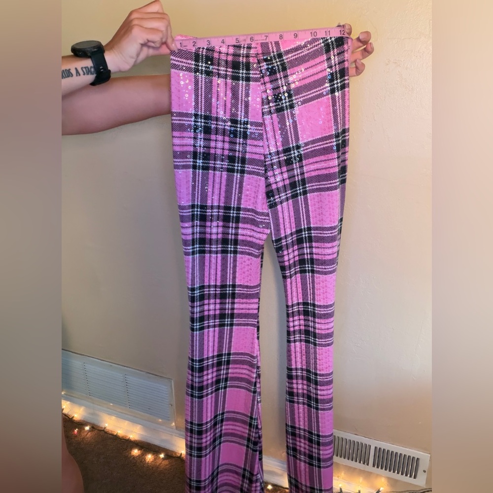 Pink Sequin Plaid High-Waist Flared Pants Festival Outfit - Picture 4 of 6